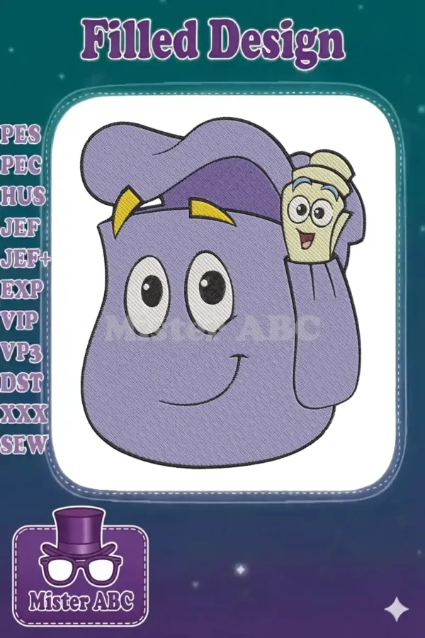 A vibrant embroidery design featuring Dora the Explorer's smiling purple Backpack with Map peeking out.