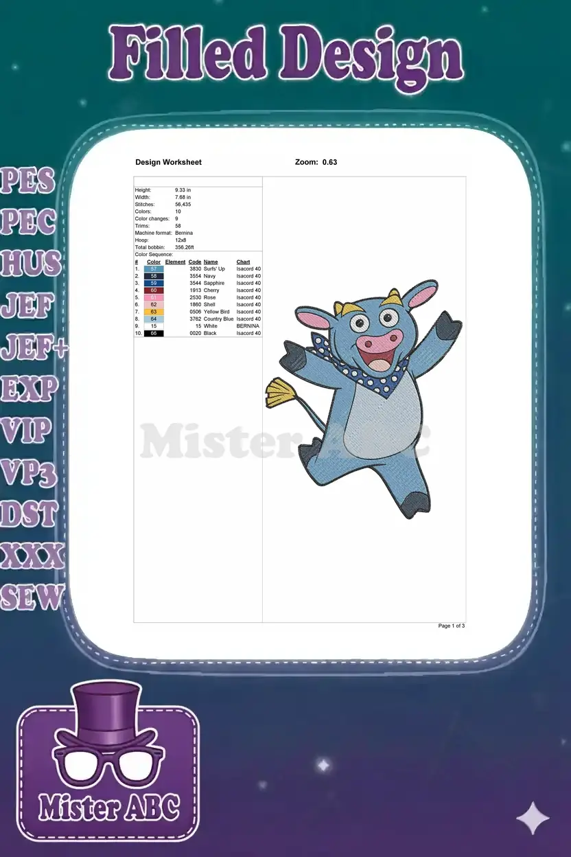 Embroidery design worksheet for Benny the Bull, showing key details like dimensions, stitch count, and color palette.