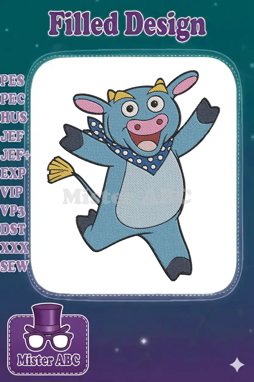 Benny the Bull, the cheerful blue character from Dora the Explorer, jumping with joy in a vibrant embroidery.