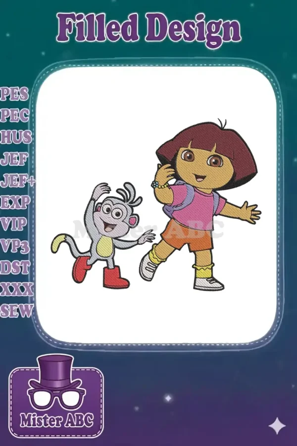 High-quality, vibrant embroidery design of Dora the Explorer and Boots, ready for adventure on any fabric.