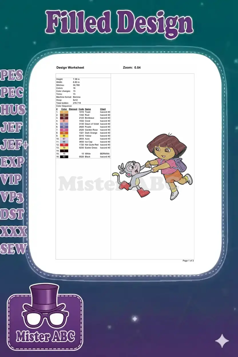 Detailed embroidery design worksheet showing stitches, colors, dimensions, and machine format for Dora and Boots.