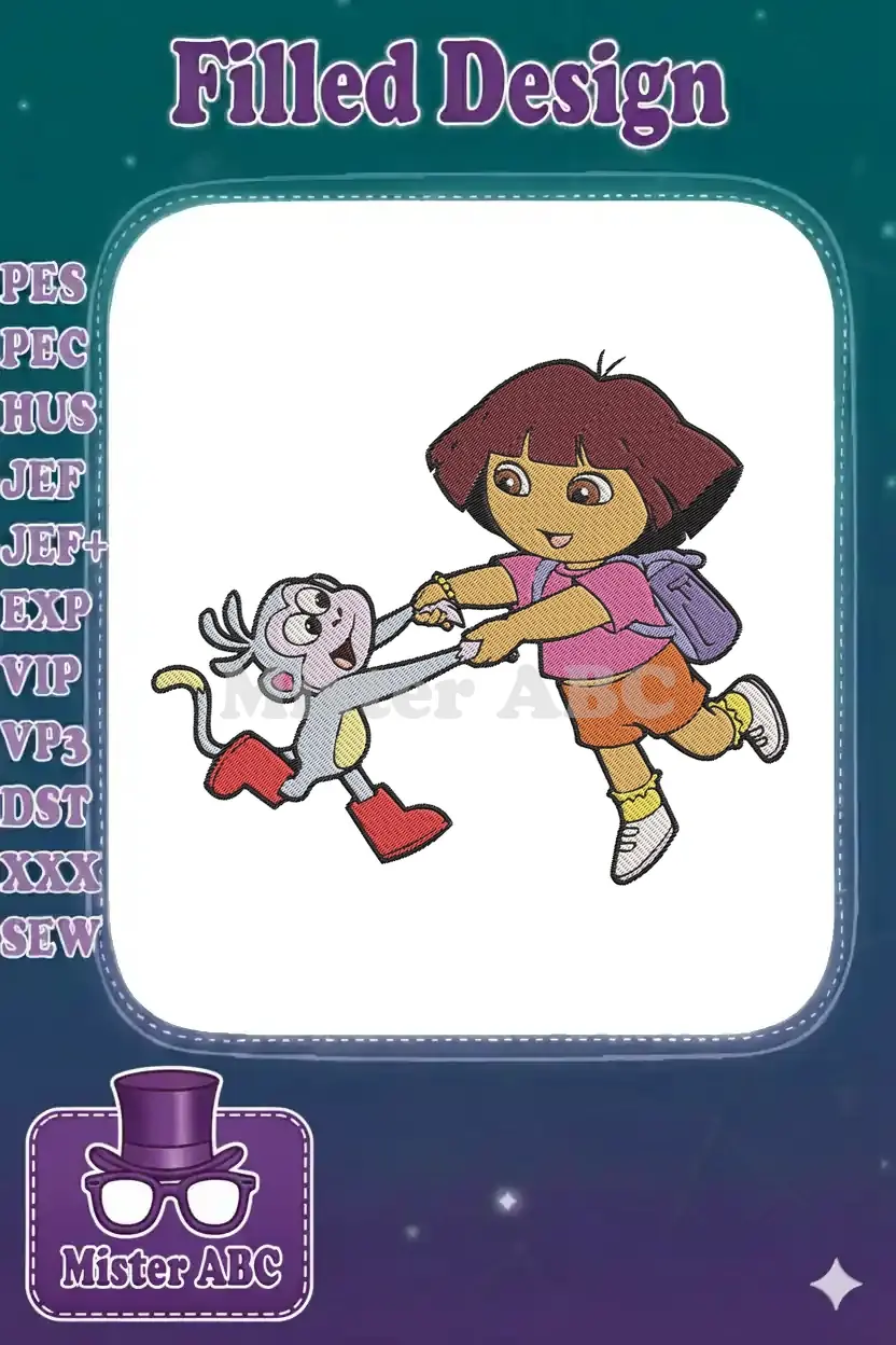 Dora the Explorer and Boots the monkey holding hands, depicted in a vibrant, dynamic embroidery design.