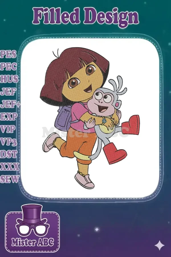 Vibrant embroidery of Dora the Explorer hugging her beloved monkey friend, Boots, on a white background.