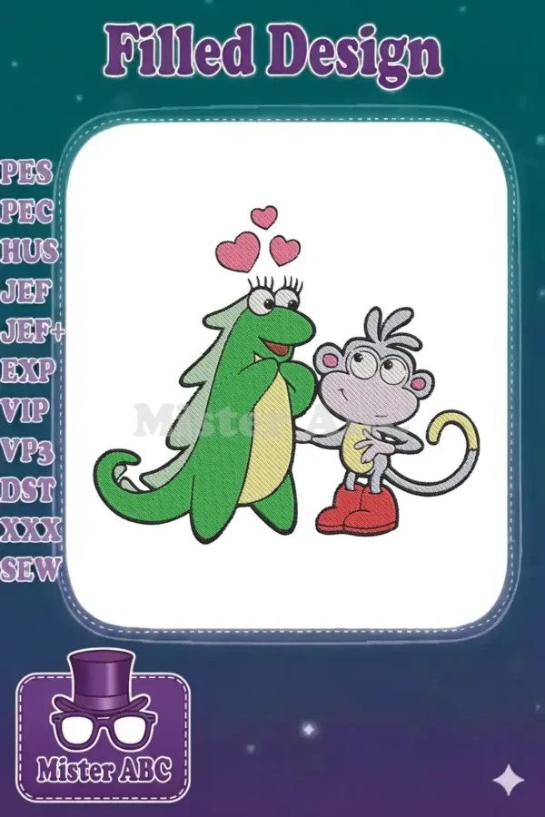 Embroidery design of Boots the Monkey and a green dragon-like character sharing a loving moment with hearts.