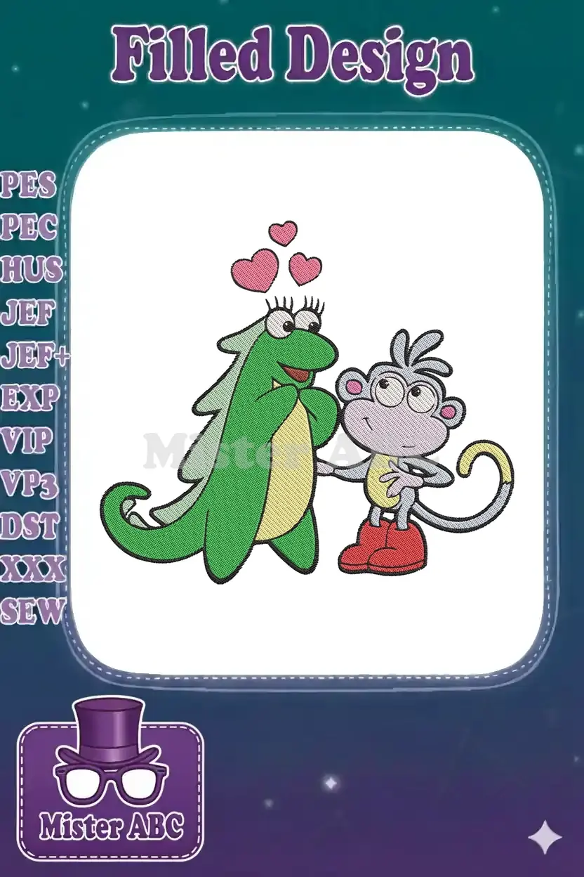 Embroidery design of Boots the Monkey and a green dragon-like character sharing a loving moment with hearts.