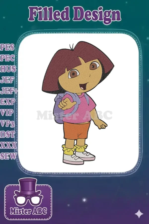 Vibrant embroidery design of Dora the Explorer, smiling and pointing, wearing a pink shirt and purple backpack, ready for adventure.