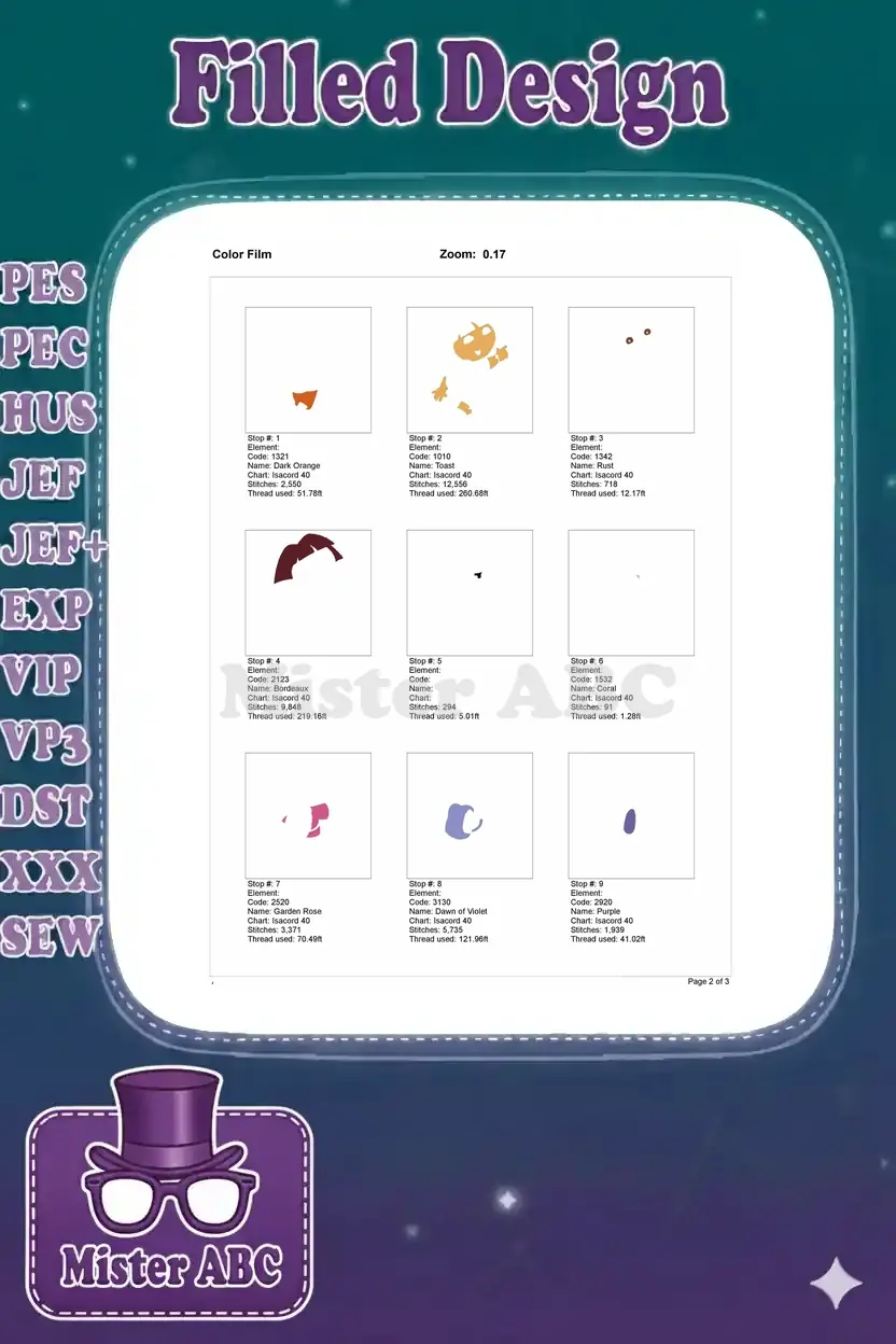 Page 1 of 2 of the color film breakdown for the Dora embroidery, showing individual color stop elements and details.