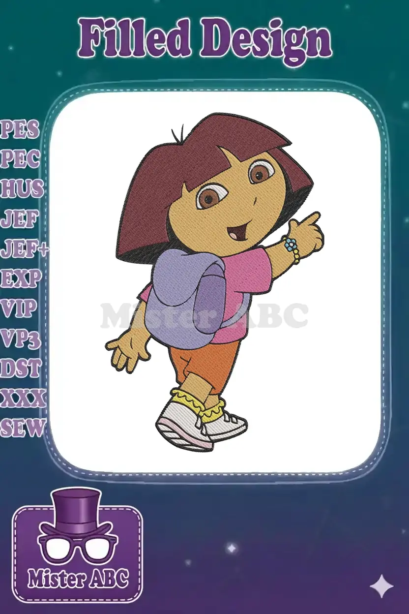 A colorful embroidery design of Dora the Explorer smiling and pointing, wearing her signature backpack and outfit.
