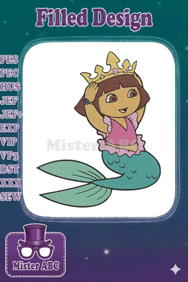 A vibrant embroidery design featuring Dora the Explorer as a mermaid princess, complete with a golden crown.