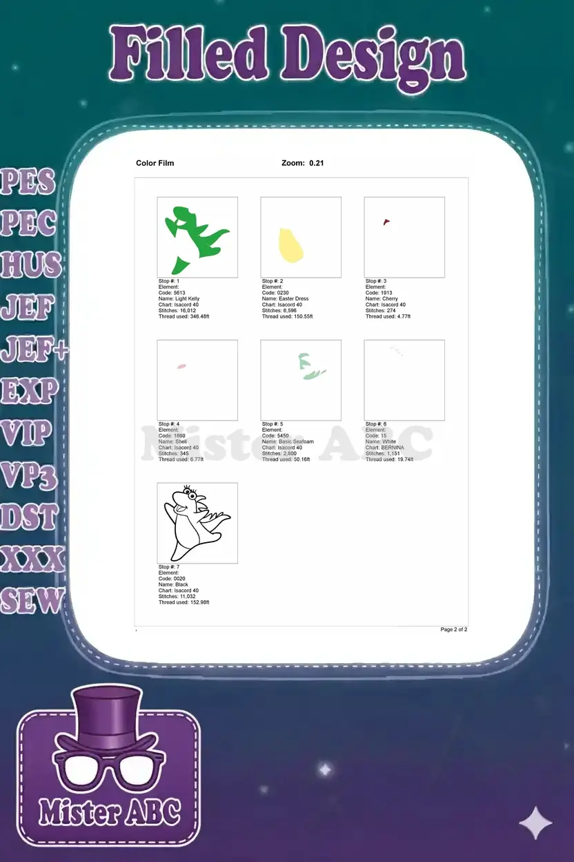 Color film breakdown for Puff the Dragon embroidery, showing each color stop and thread usage details.