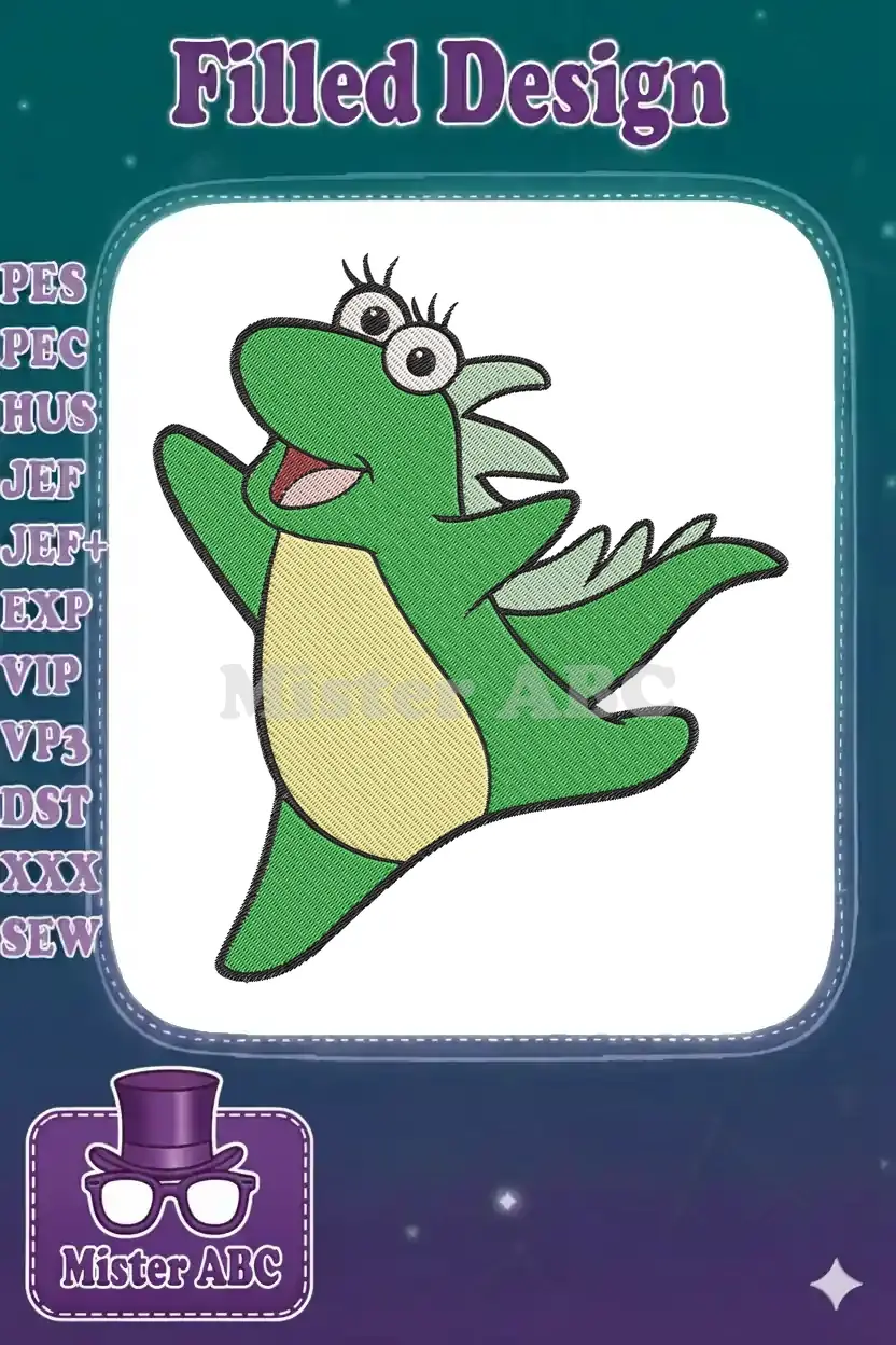 Vibrant embroidery of Puff the Dragon, a friendly green cartoon character, smiling and ready for adventure.