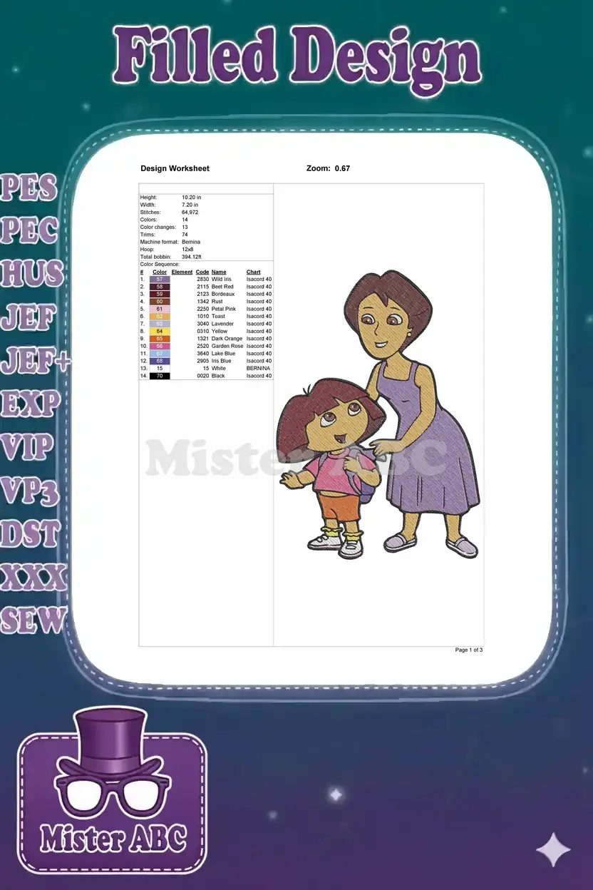 Detailed embroidery design worksheet showing dimensions, stitch count, color sequence, and thread details for Dora.