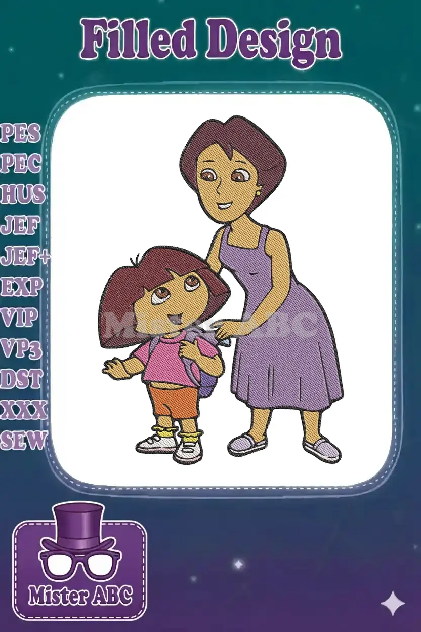 Vibrant embroidery design of Dora the Explorer with her mother, featuring detailed satin and fill stitches.