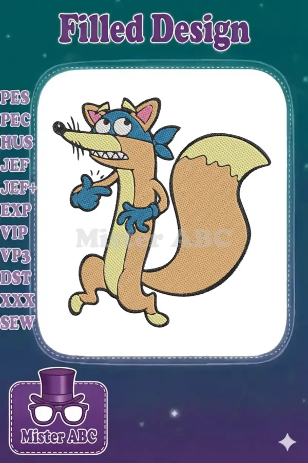 A vibrant embroidery of Swiper the Fox from Dora the Explorer, wearing a blue mask and gloves, giving a thumbs-up.