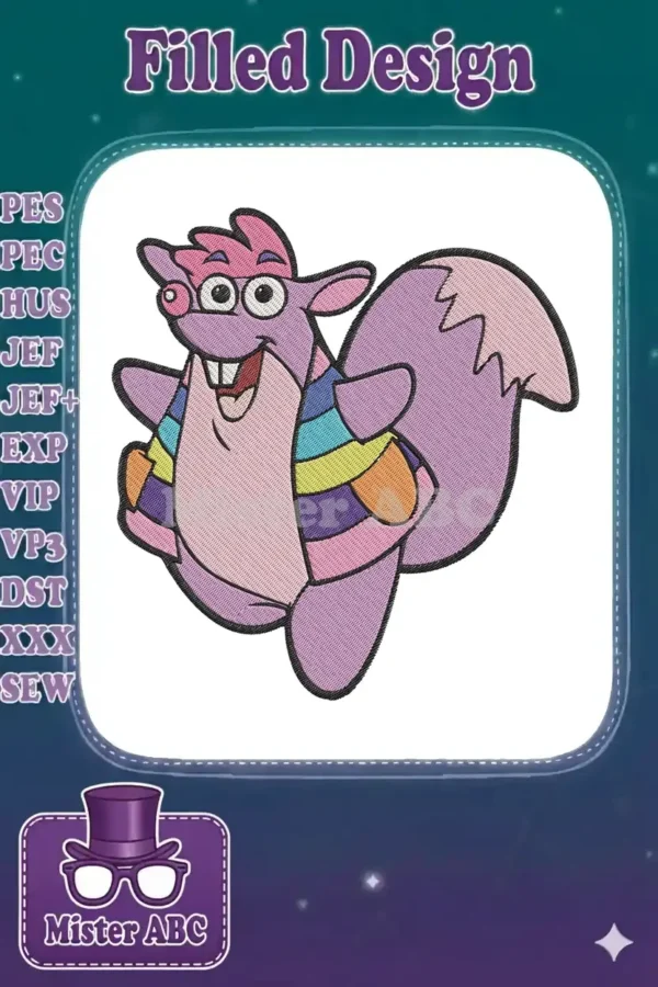 Tico the Squirrel embroidery design in vibrant colors, featuring a playful pose and detailed stitching on a white background.