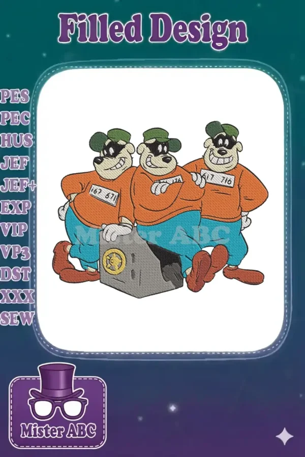 A detailed embroidery design featuring three mischievous Beagle Boys from Disney, gathered around a secure safe.