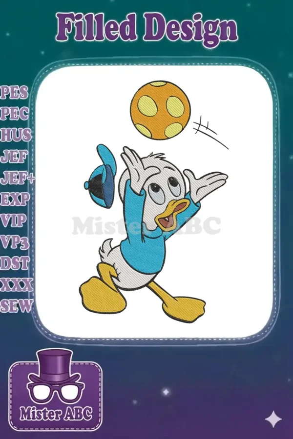A lively embroidery design featuring Dewey Duck in a blue shirt and cap, mid-play with a yellow and orange soccer ball.