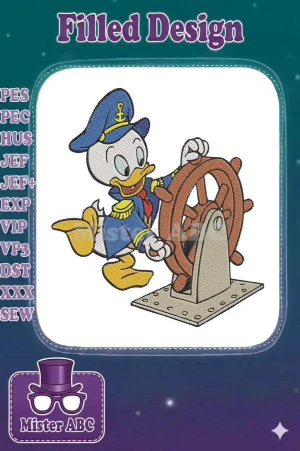 Vibrant Donald Duck embroidery, dressed as a sailor, energetically steering a ship's wheel. Classic Disney charm.