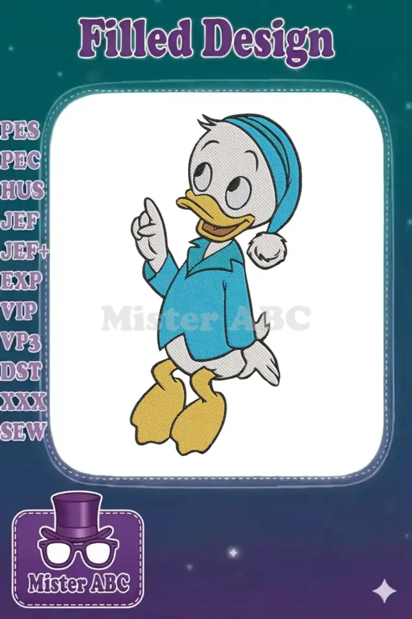 An adorable embroidery design of Donald Duck in blue sleepwear and nightcap, pointing upwards with a thoughtful expression.