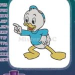 Smiling animated duckling in blue shirt pointing forward embroidery designs - Instant Download