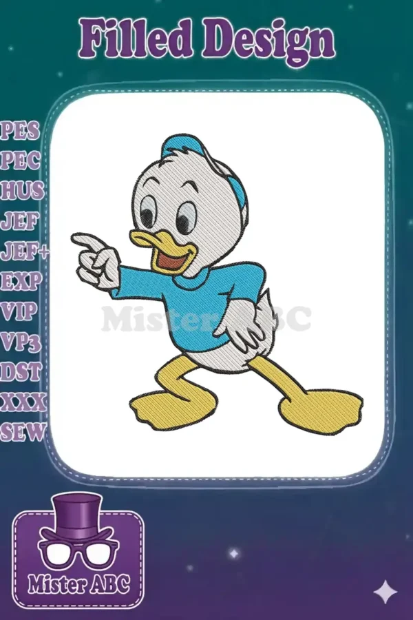 A lively embroidery design featuring Dewey Duck from Disney, pointing forward with an enthusiastic expression.