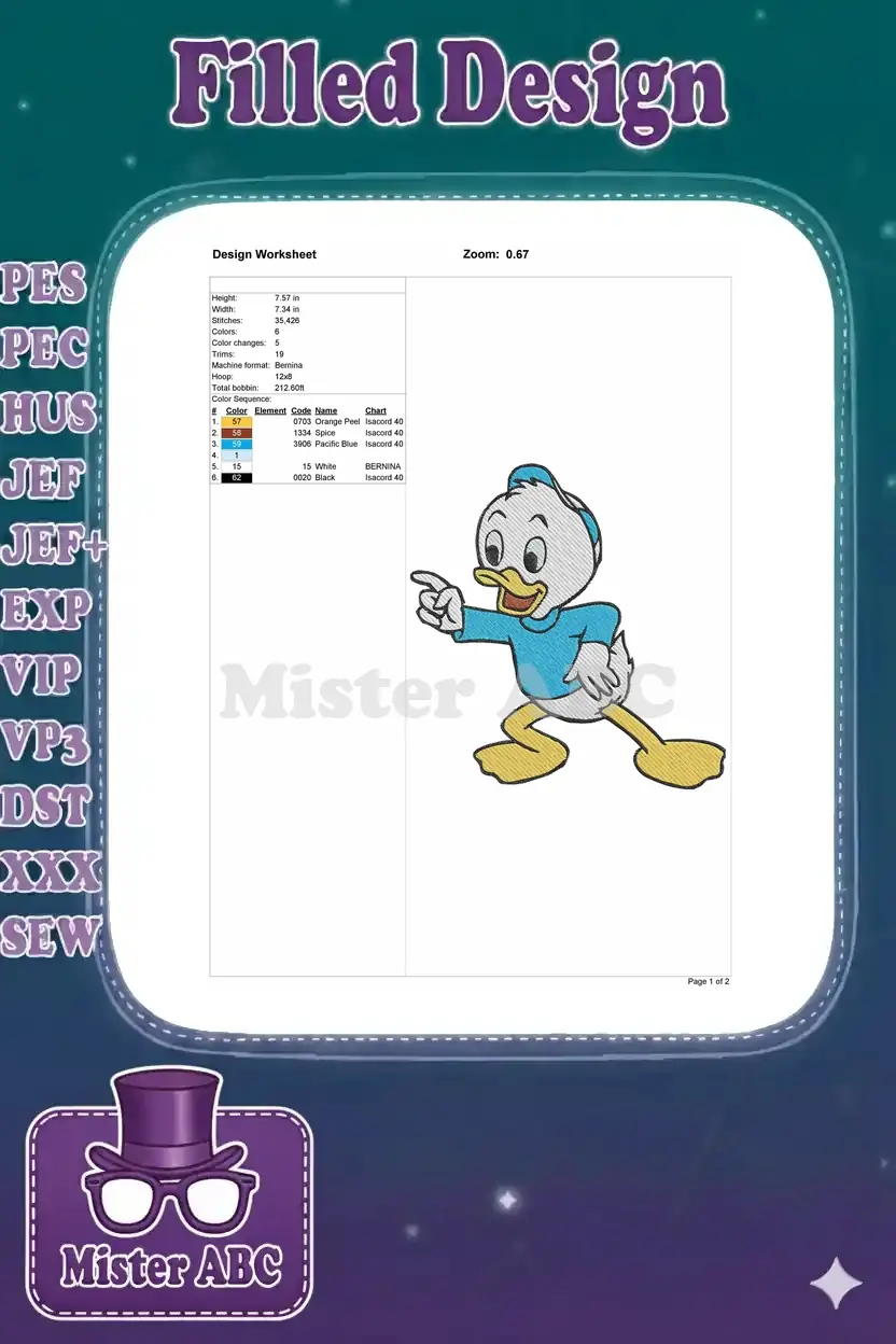 A comprehensive embroidery design worksheet displaying Dewey Duck's dimensions, stitch count, color sequence, and machine format.
