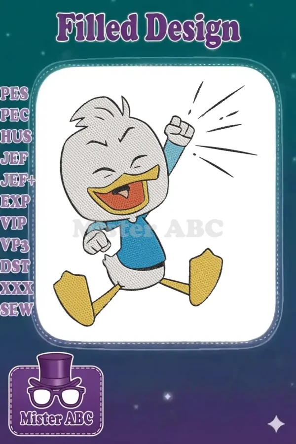 A cheerful Louie Duck embroidery design, arms raised in triumph, featuring a detailed satin stitch finish on white fabric.