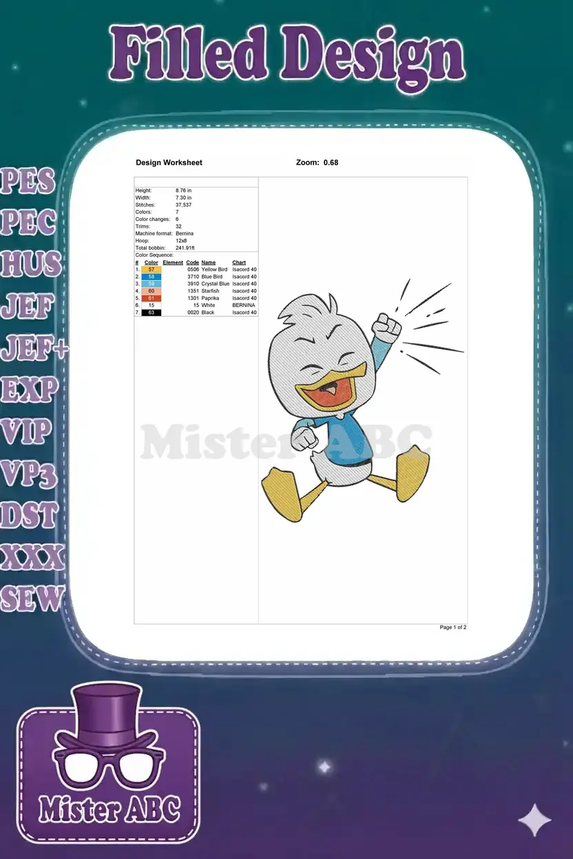 Design worksheet for Louie Duck embroidery, detailing dimensions, stitch count, color sequence, and machine info.