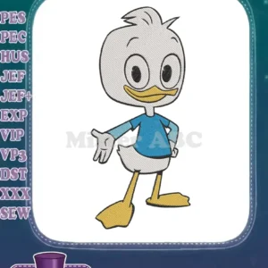 A vibrant embroidery design of Dewey Duck from Disney's DuckTales, smiling and striking an energetic pose.