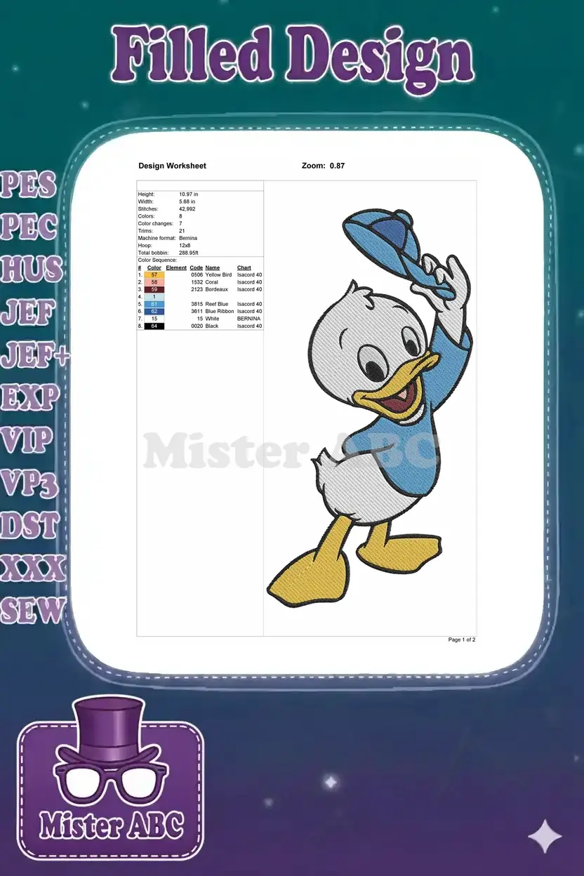 A detailed embroidery design worksheet for Dewey Duck, showing dimensions, stitch count, and color sequence.