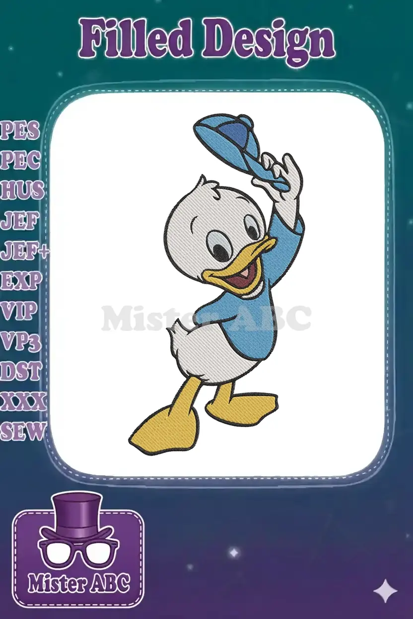 A vibrant embroidery design of Dewey Duck, a cheerful Disney character, raising a blue cap with a wide smile.