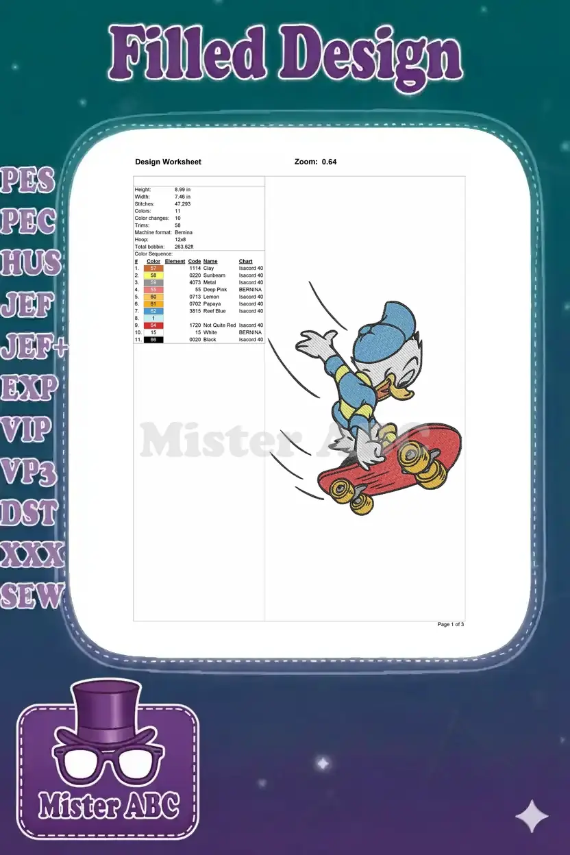 Embroidery design worksheet detailing dimensions, stitch count, thread colors, and machine compatibility.