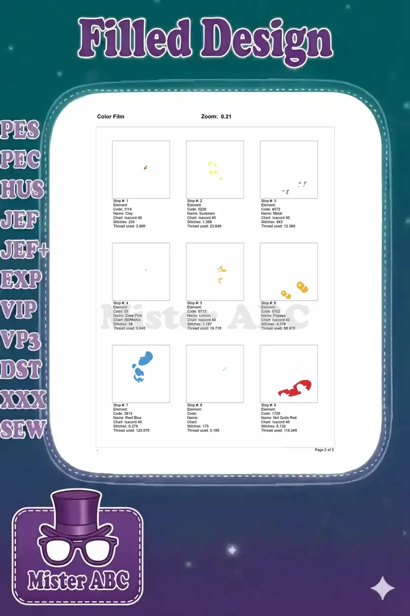 First page of the embroidery color film, illustrating the initial color sequence and stitch elements.