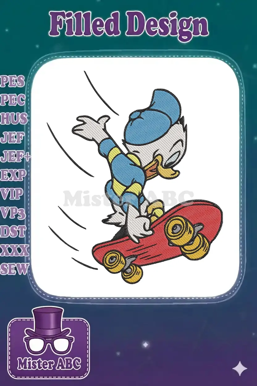 Vibrant Donald Duck embroidery design showcasing him skateboarding with a red board and blue/yellow outfit.