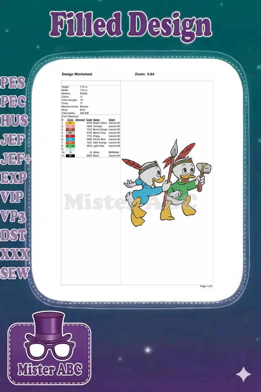 Embroidery design worksheet showing dimensions, stitch count, color sequence, and a small preview of the design.