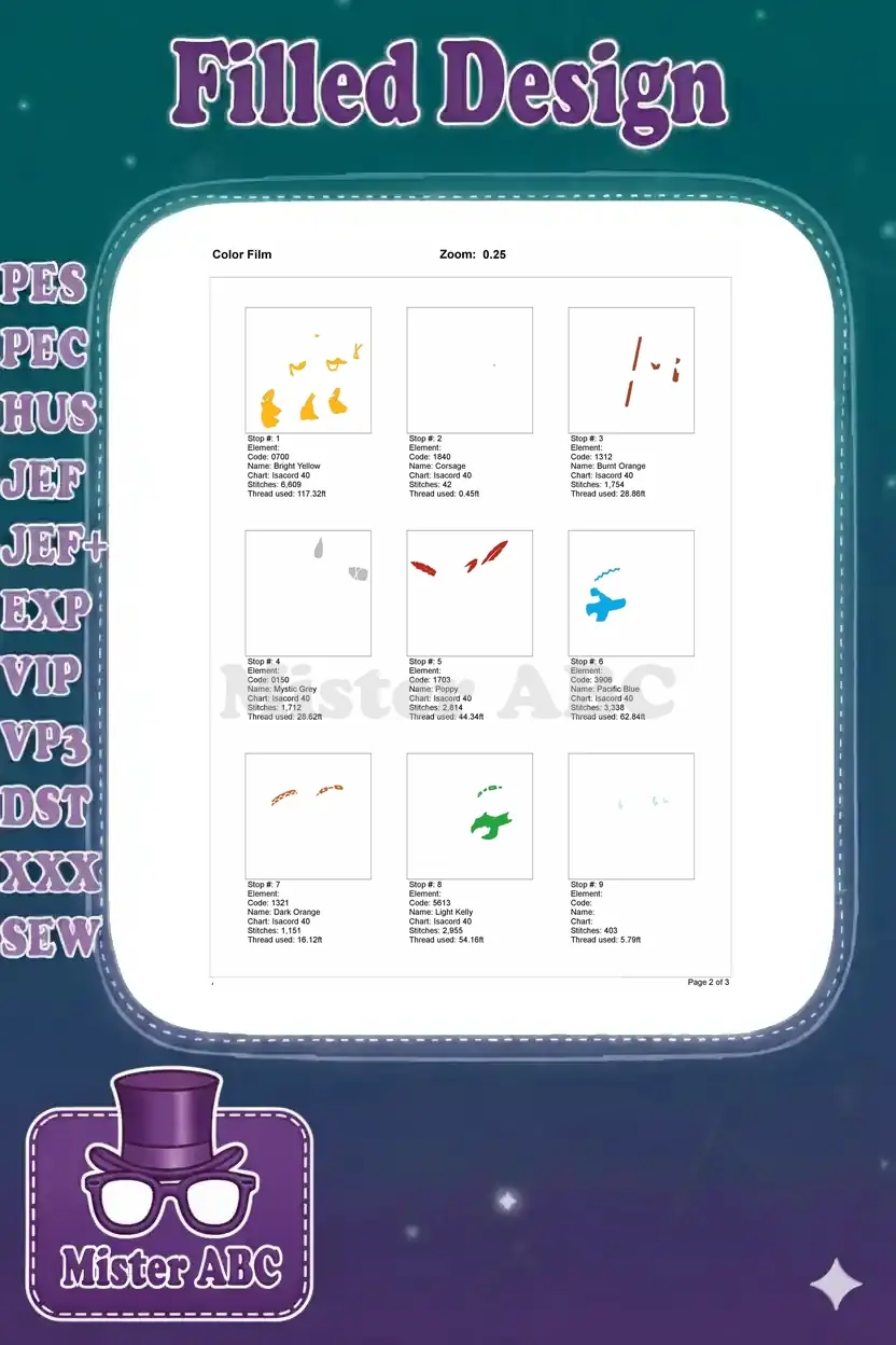 Color film breakdown, page 1, showing the first nine color stops, stitch order, and thread usage details.