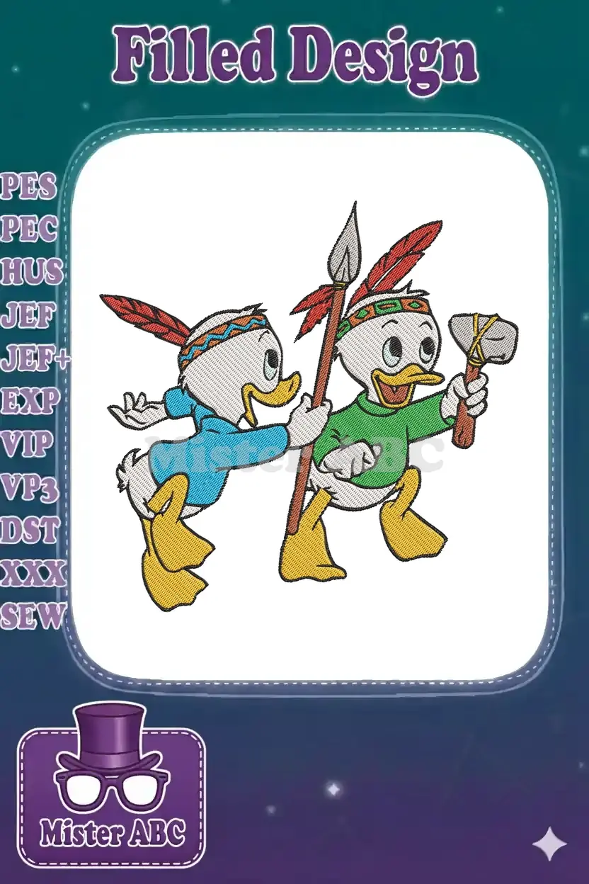 Vibrant embroidery of two Disney ducklings, Huey and Dewey, dressed in Native American-inspired outfits with spear and axe.