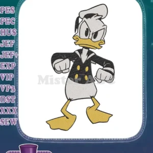 Full-body embroidery design of Donald Duck in his traditional sailor outfit, standing with fists clenched, looking angry.