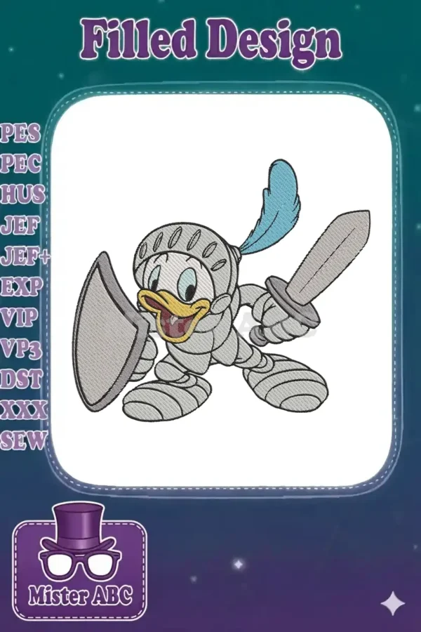 Dynamic Donald Duck knight embroidery design, featuring him in full armor with a shield and sword, ready for adventure.