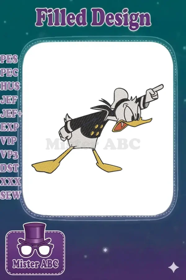 A vibrant machine embroidery design of Donald Duck in his classic sailor outfit, pointing with a determined expression.