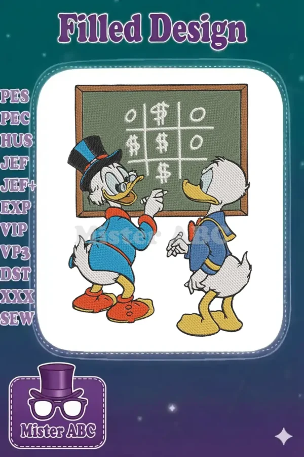 Scrooge McDuck and Donald Duck playing a lively game of Tic-Tac-Toe on a chalkboard, with money symbols.