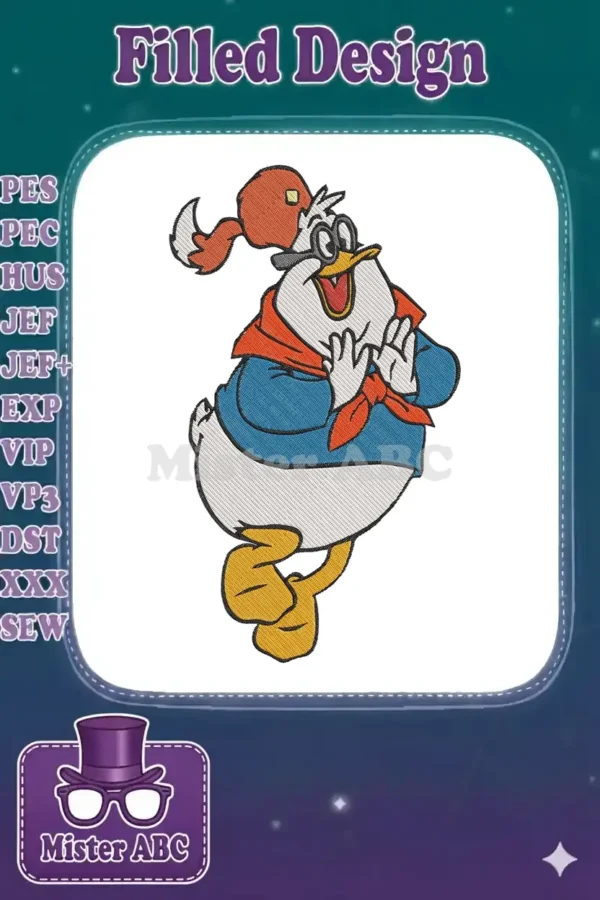 A vibrant embroidery design of Ludwig Von Drake, the intellectual duck, with a mischievous smile and open hands.