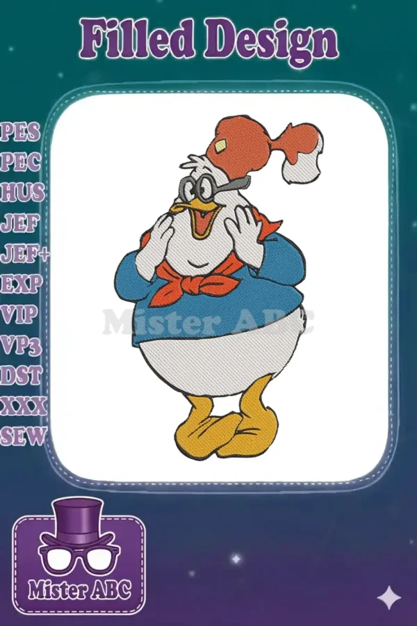 Ludwig Von Drake embroidery design, a charming Disney character with glasses, hat, and bandana, looking surprised.