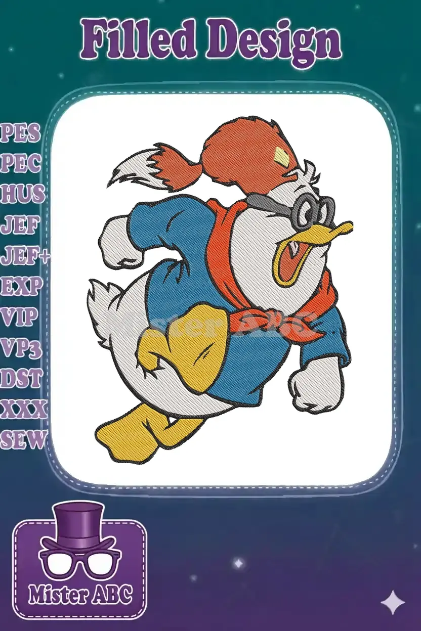 Vibrant embroidery design of Launchpad McQuack in a dynamic running pose, featuring his iconic pilot gear.