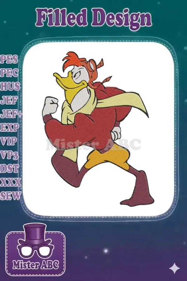 Close-up of a dynamic embroidered duck hero in a running pose, wearing a red suit, yellow scarf, and pilot goggles.