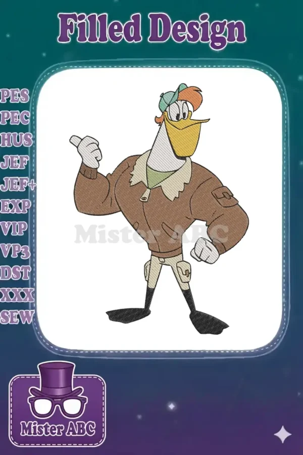 Detailed embroidery of Launchpad McQuack from DuckTales, wearing a pilot jacket and cap, giving a thumbs up.