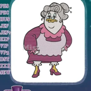 Full-body embroidery of Grandma Duck from Disney, wearing a pink apron, purple dress, and grey bun. High-quality digital design.