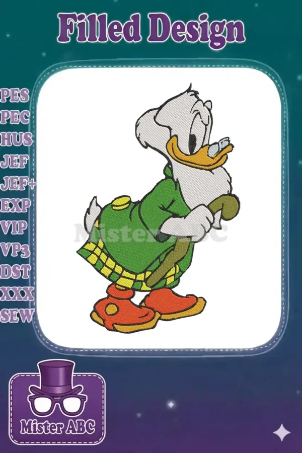 Scrooge McDuck embroidery design, featuring the famous duck in a green kilt and holding a cane, smiling.