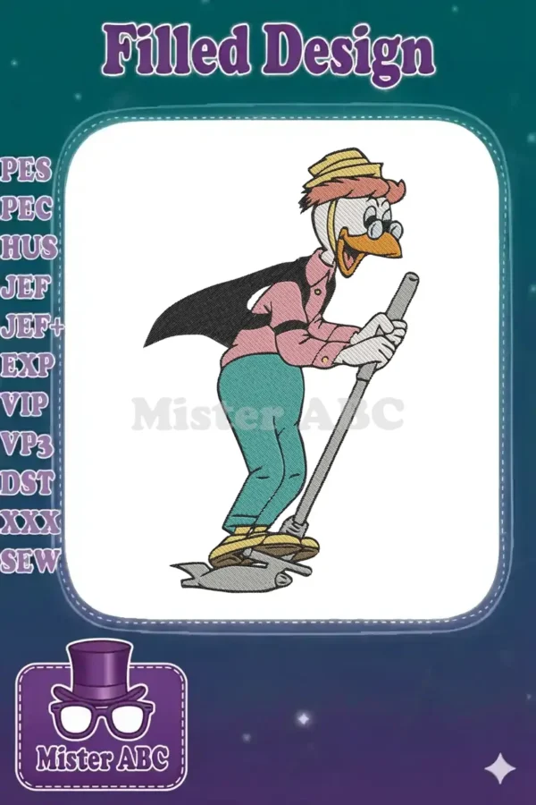 Scrooge McDuck as a cheerful prospector holding a shovel, an animated embroidery design with vibrant colors.