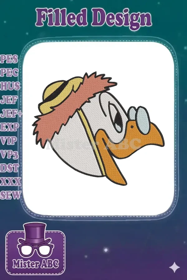 Close-up of a whimsical embroidered duck head, sporting a yellow straw hat with a red band and blue glasses.